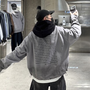 潮牌冬季重磅加绒连帽卫衣男复古做旧字母印花宽松青年保暖帽衫潮