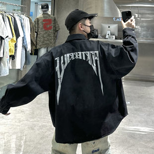 衬衫 水洗做旧巴黎字母印花宽松青年阔版 潮 衬衣外套男美式 潮牌春季