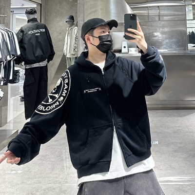 潮牌秋冬重磅连帽卫衣外套男ins美式嘻哈骷髅头印花宽松青年帽衫