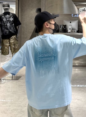 潮牌夏季重磅短袖T恤男ins美式后背个性印花宽松青年帅气情侣半袖