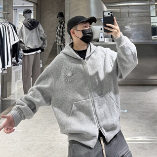 潮牌秋冬重磅美丽诺百分百羊毛连帽外套男韩版 潮 刺绣宽松青年帽衫