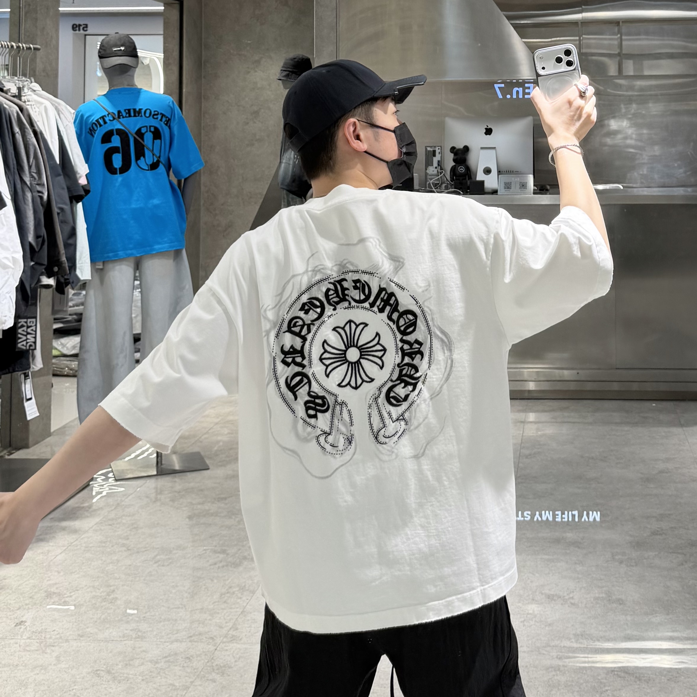 潮牌春夏重磅短袖T恤男ins美式个性十字架刺绣宽松青年痞帅半袖t