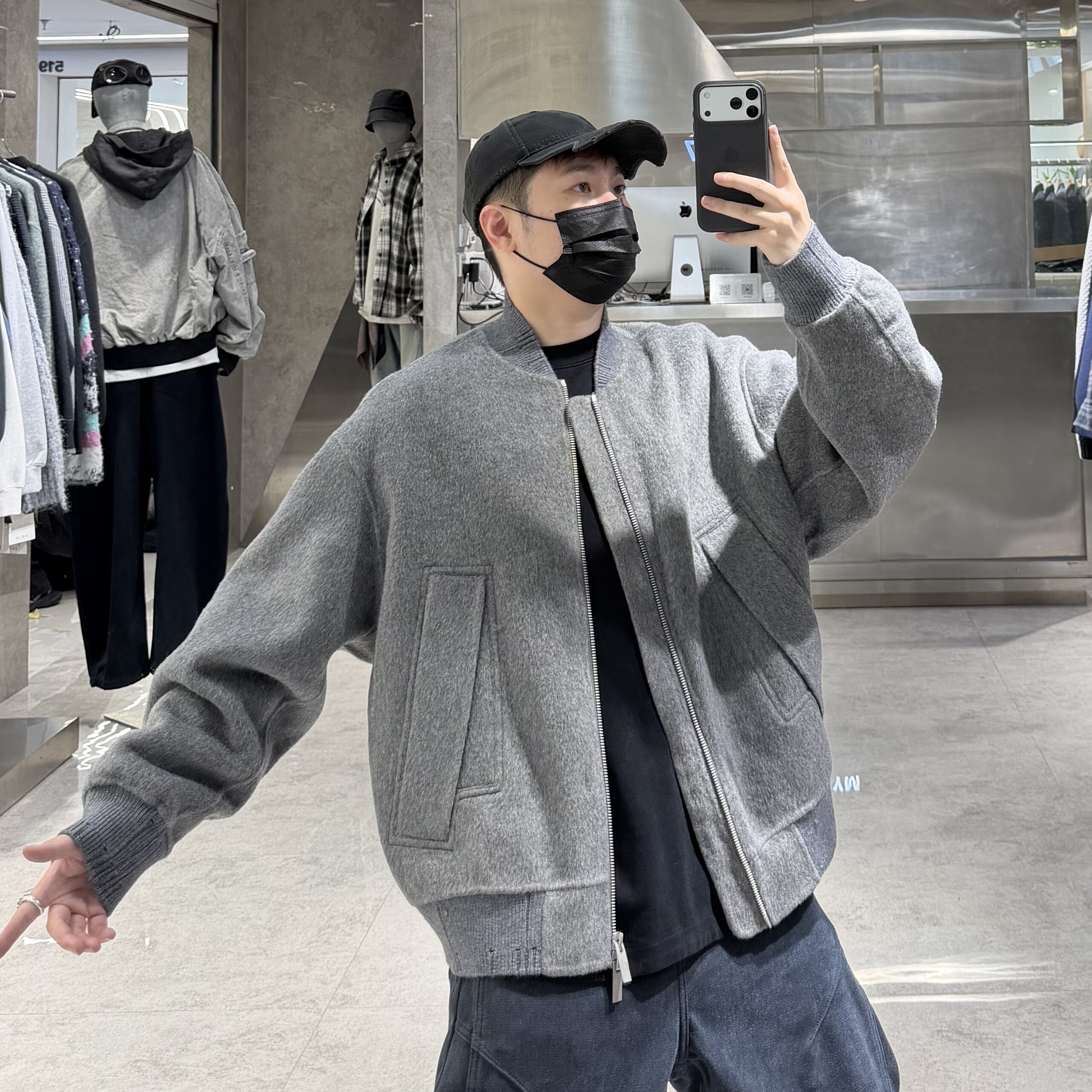 潮牌冬季羊毛呢鹅绒服男ins韩版纯色棒球领宽松青年保暖羽绒夹克