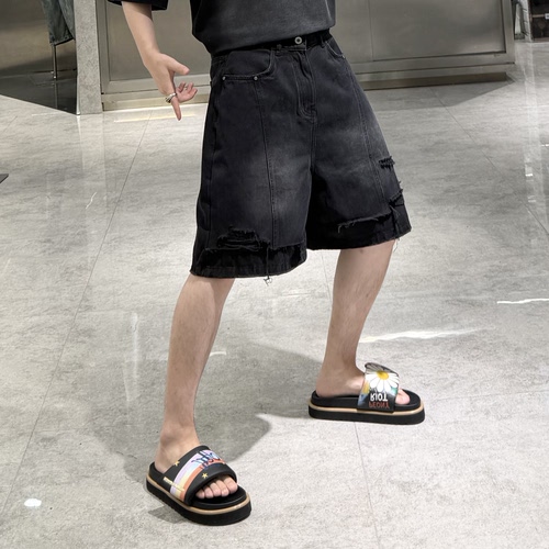 潮牌夏季直筒牛仔短裤男ins美式水洗做旧磨破宽松青年帅气五分裤