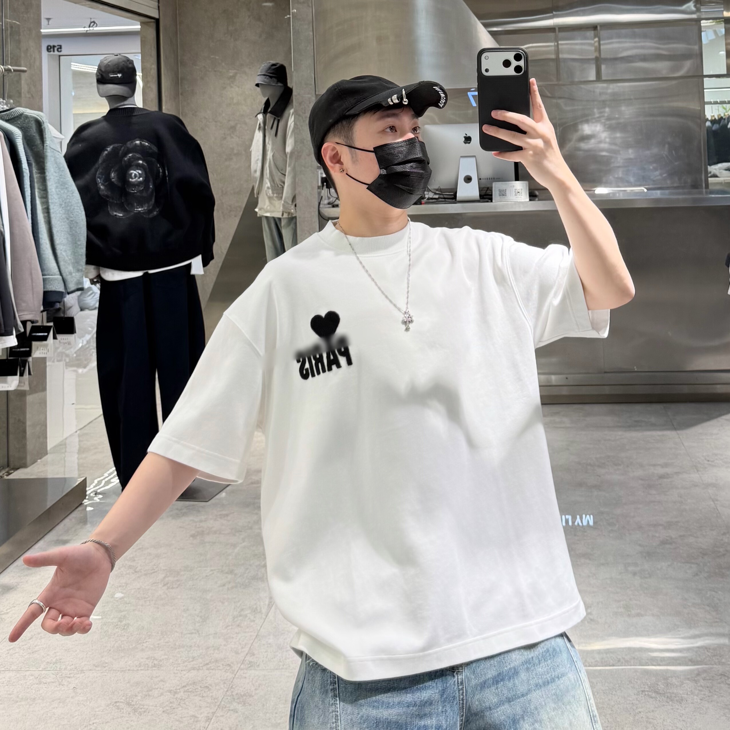 潮牌26春夏重磅短袖T恤男ins国潮爱心刺绣宽松青年情侣落肩半袖t