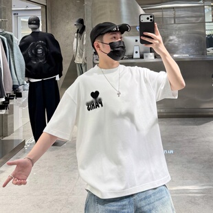 潮牌26春夏重磅短袖 T恤男ins国潮爱心刺绣宽松青年情侣落肩半袖