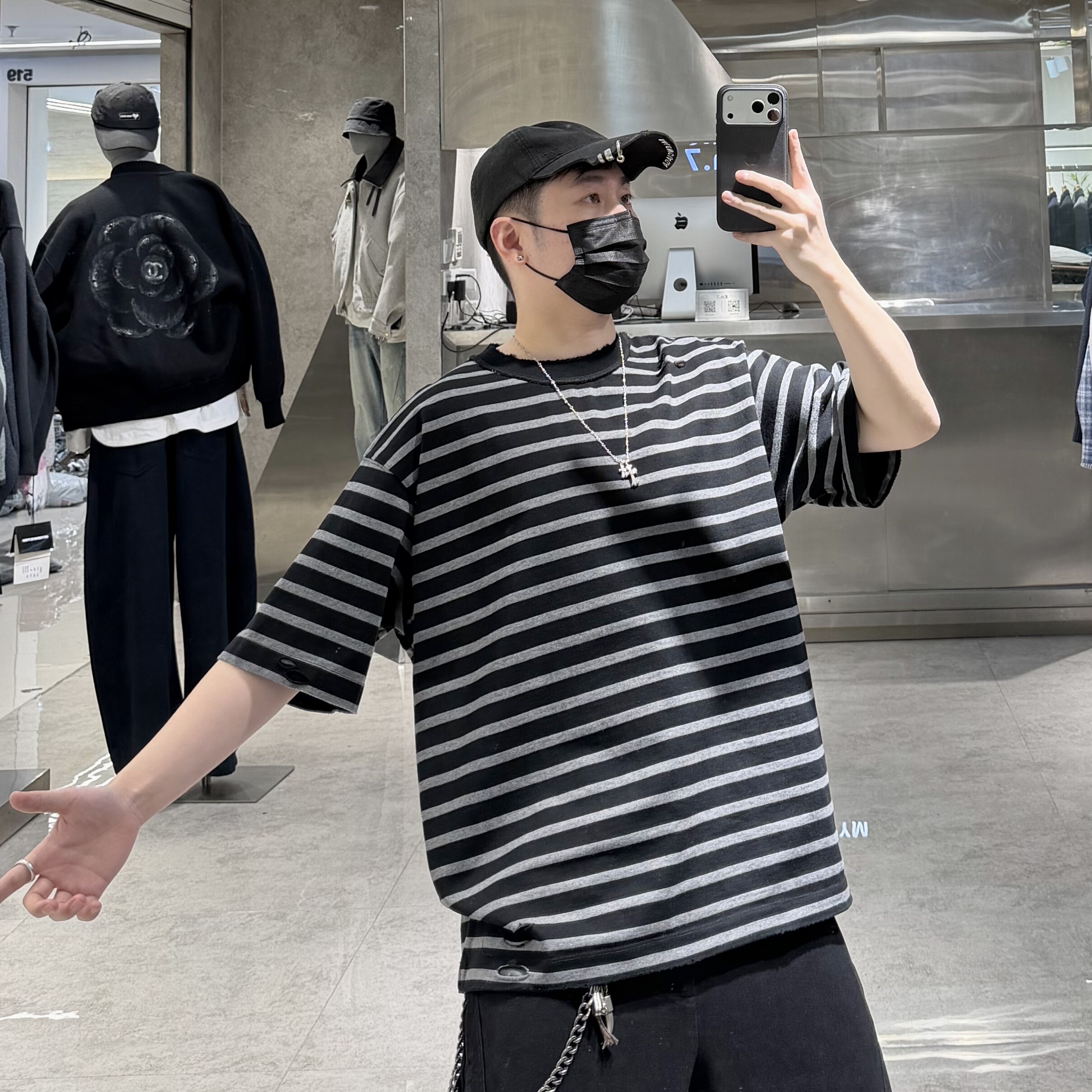 潮牌26春夏重磅短袖T恤男ins韩版条纹撞色破洞宽松青年帅气半袖t,男装,T恤,淘宝优惠券,粉丝福利购,淘宝优惠卷