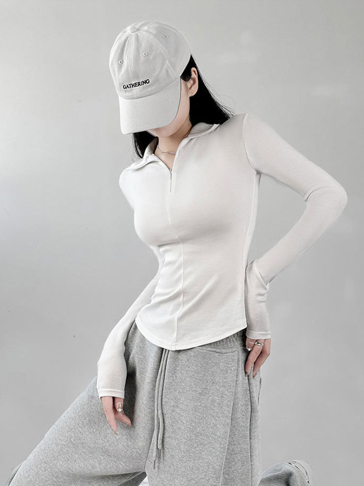 달콤한 시원한 핫 소녀 스타일 유럽과 미국의 순수한 욕망 탄성 꽉 긴팔 허리 티셔츠 슬림 바닥 폴로 셔츠 블랙 슬리밍