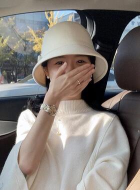 侧面cm赫本风羊毛呢渔夫帽女款法式复古秋冬礼帽盆帽优雅白色