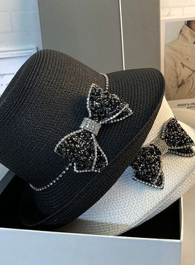 春夏季时尚镶钻蝴蝶结遮阳草帽子女旅游文艺优雅清新防晒卷边