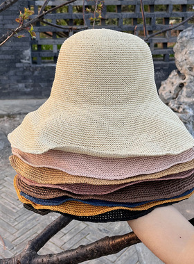 夏季细勾针遮阳帽纯手工细草渔夫帽子女夏季出游圆顶草帽防晒