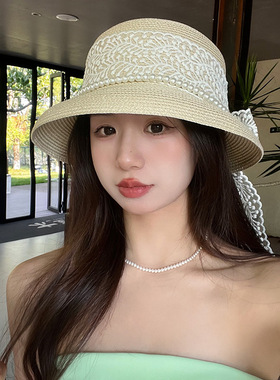 2024新款赫本风太阳帽蕾丝系带气质珍珠草帽子女夏大檐沙滩遮阳帽