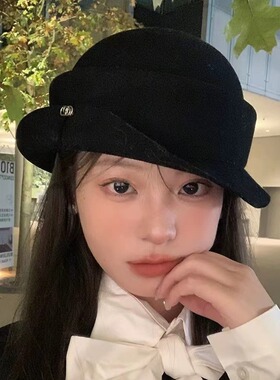 羊毛帽子女秋冬季法式赫本风黑色盆帽气质感礼帽潮卷边空姐帽