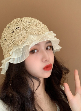蕾丝草帽女春秋海边沙滩帽韩版百搭遮阳镂空帽子夏季时尚网红