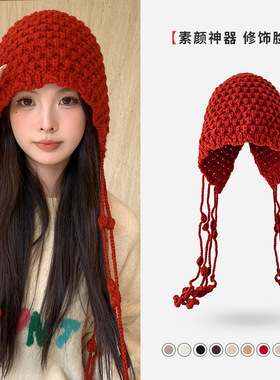 时尚手工编织流苏球球毛线帽秋冬新款保暖包头帽子女大头围显脸