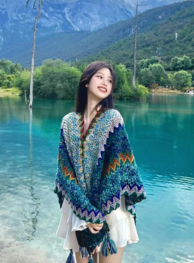 2024新款雪山云南民族风披肩西藏旅游厚针织流苏复古开衩围巾