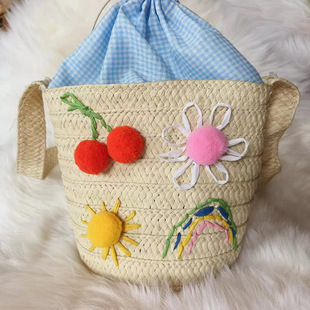 手工编织女士单肩包手提包草编小花带内衬大容量钩织菜篮子包包