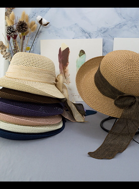 韩国时尚蝴蝶结丝带卷边草帽大檐遮阳帽子防晒帽子潮流女帽