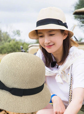 小清新帽子夏天遮阳防晒草帽女日系简约蝴蝶结棉纱透气盆帽