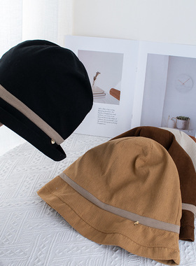 日本设计春秋季灯芯绒渔夫帽子女秋冬休闲褶皱堆堆帽盆帽显脸小