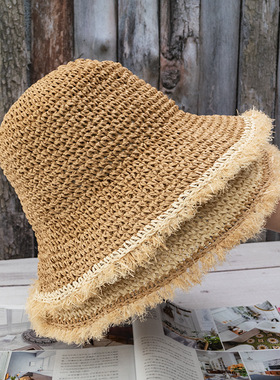 日系手工钩针草帽夏季可折叠沙滩帽子遮阳帽草编毛边渔夫帽盆帽