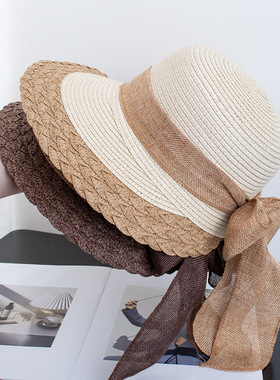 草帽女夏季防晒帽大檐遮阳帽海边度假沙滩太阳帽子韩国蝴蝶结
