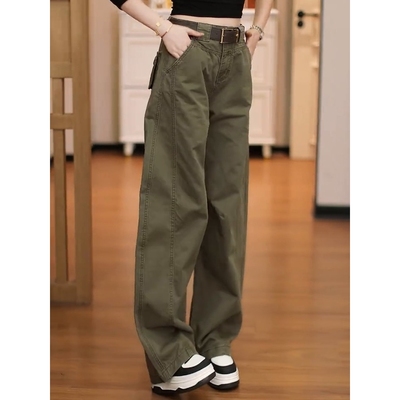 复古工装裤牛仔裤女军绿2025新款高腰宽松直筒弯刀裤百搭休闲裤子