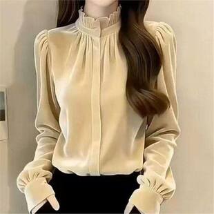 @闵潇女装法式轻奢气质丝绒打底衫秋冬女木耳边长袖衬衫内搭上衣