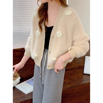 立体花朵仿水貂绒针织开衫女2025秋冬新款软糯宽松设计感毛衣外套
