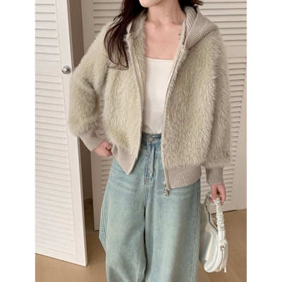 连帽双拉链仿水貂绒针织开衫女2025秋冬新款韩版软糯气质毛衣外套