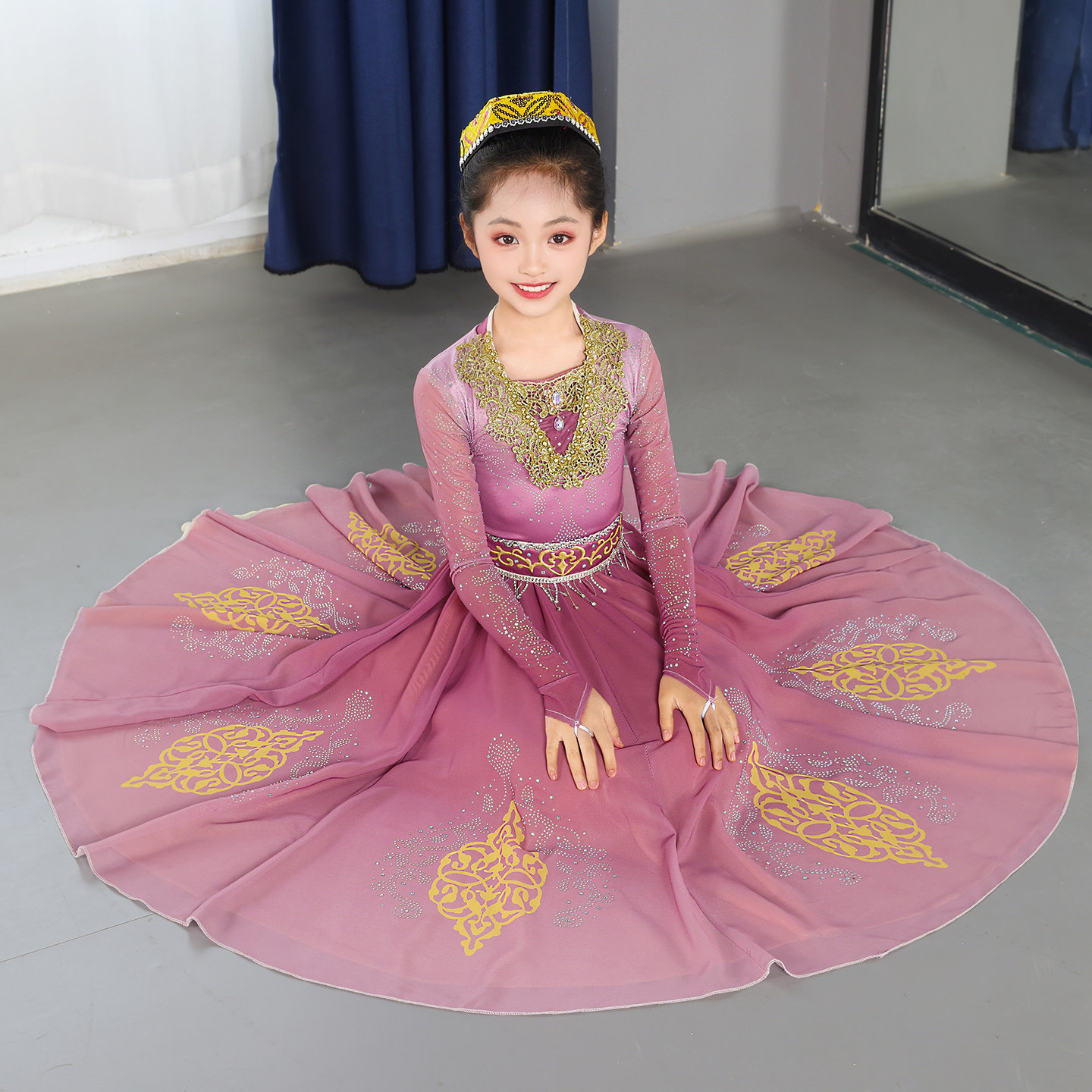 新疆舞蹈演出服女童维吾民族舞蹈剧目表演服装艺考舞台服装大摆裙