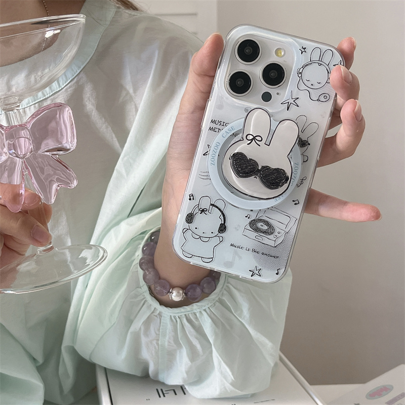 ins可爱戴耳机米菲兔磁吸支架适用15苹果16pro苹果16promax手机壳iPhone16全包14防摔14promax保护套13韩系