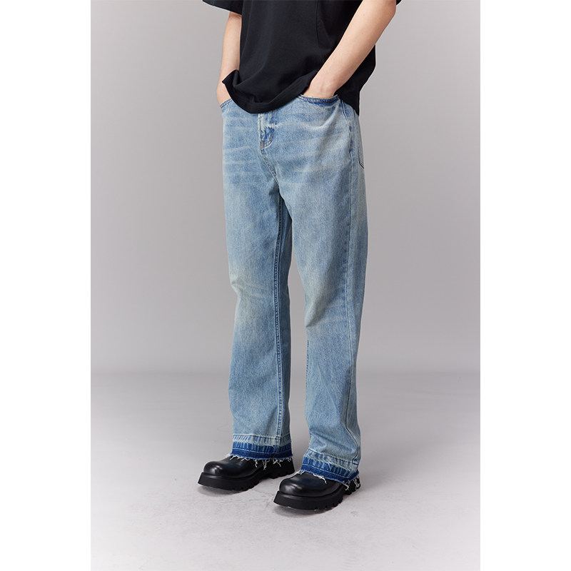 ANYWEAR 水洗刀割破坏牛仔裤男复古vintage直筒微喇显瘦做旧长裤