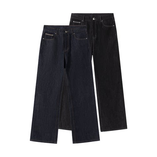 原牛直筒微阔牛仔裤刺绣手缝包边