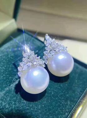 冰雪女王爱迪生大白色淡水珍珠耳钉 纯银正圆白色天然珍珠耳环
