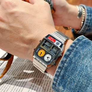 复古方块多功能中性手表户外运动钢带防水测温计时秒表闹钟电子表
