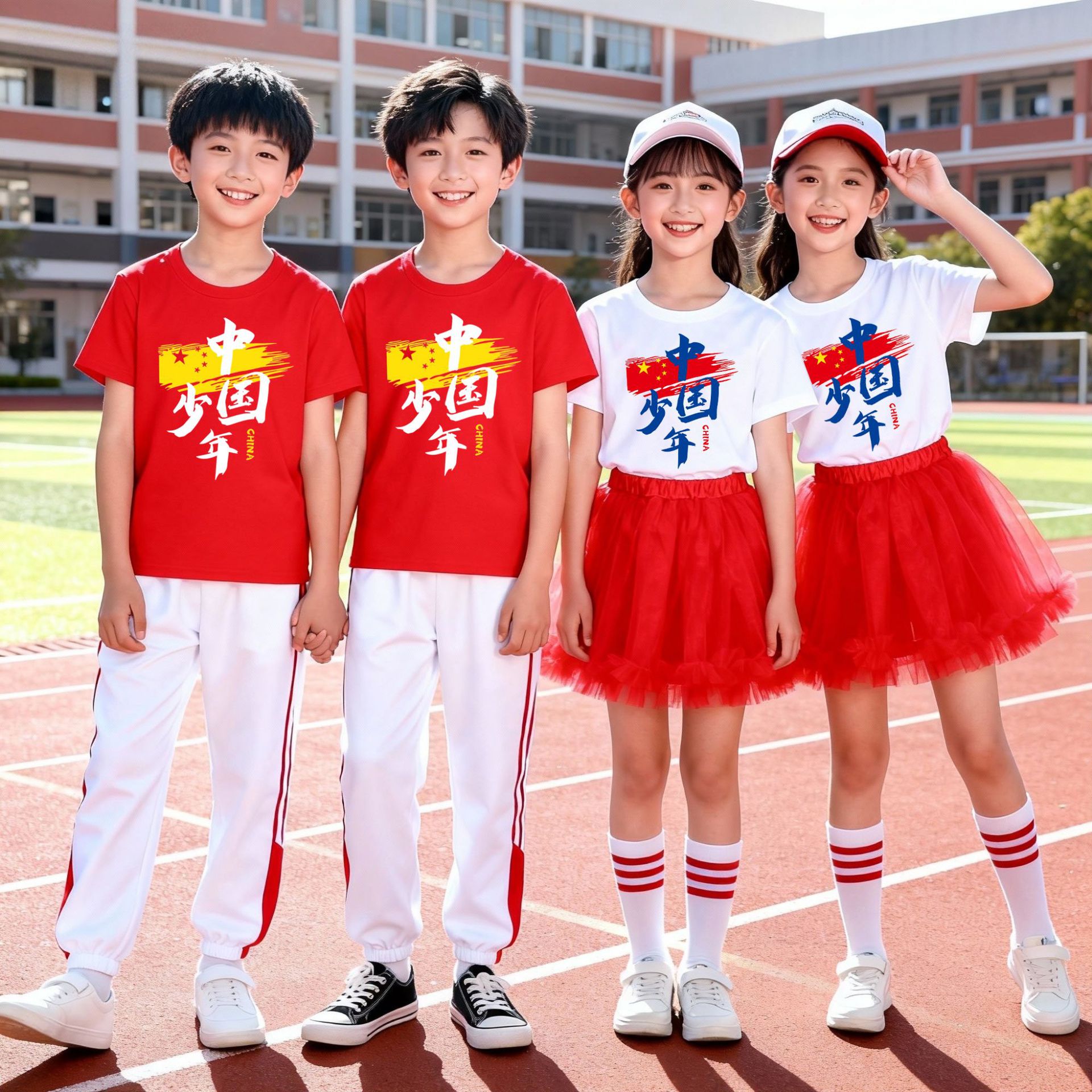 小学生初中生校园运动会活动表演啦啦队短袖T恤中国少年红色衣服