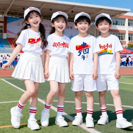 爱国短袖t恤中国少年儿童纯棉半袖中小学生幼儿园活动班服白上衣