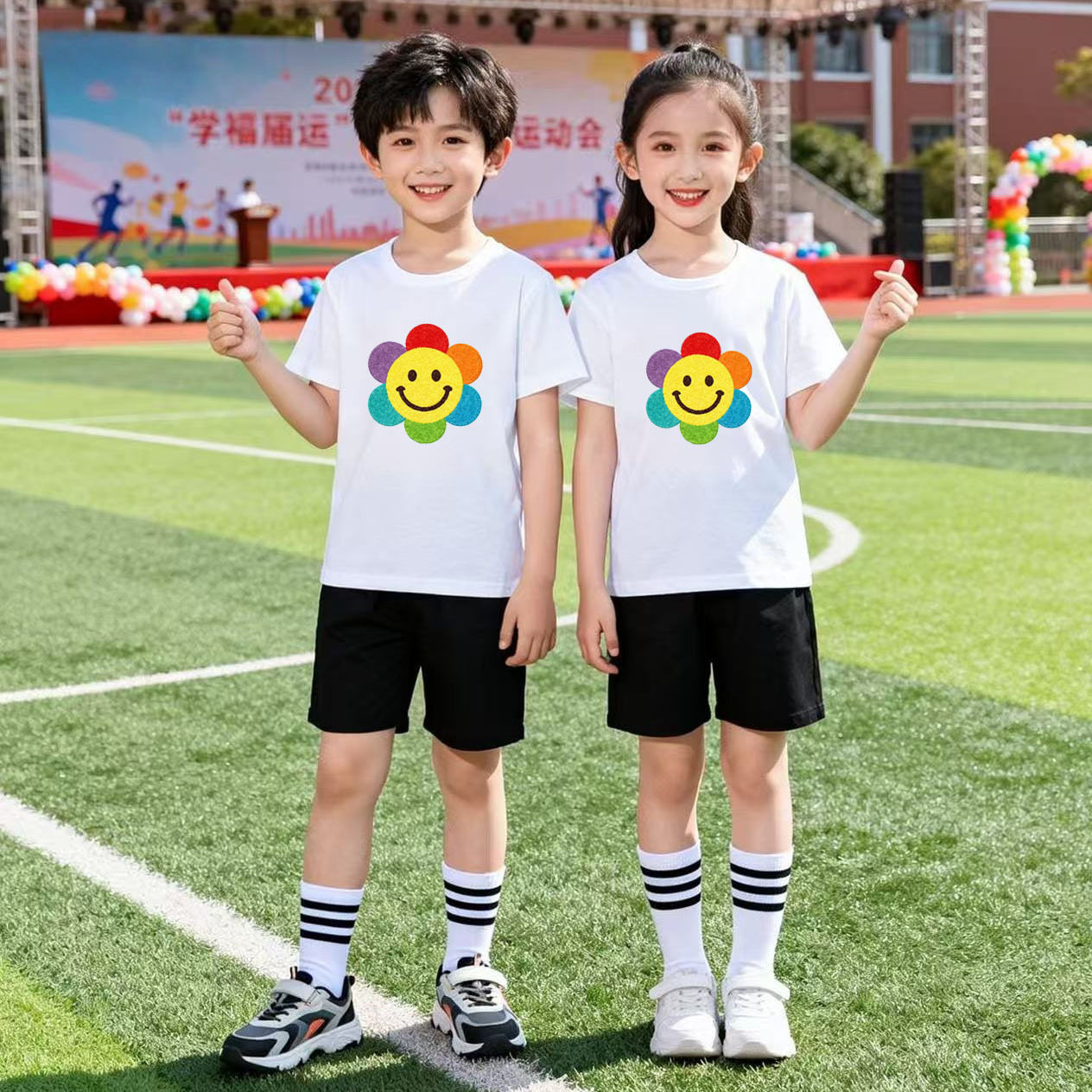 套装两件套夏季儿童T恤活动表演演出服六一节目太阳花彩色班服潮
