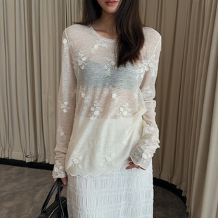 摩登197重工提花刺绣长袖 微透宽松针织上衣H286 T恤女2026春夏新款