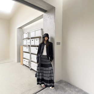 摩登197条纹拼接百褶裙女2026春新款 高腰垂感气质显瘦半身裙S8158