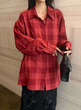 摩登197复古红色格子衬衫女2026春新款宽松休闲百搭长袖上衣G7200