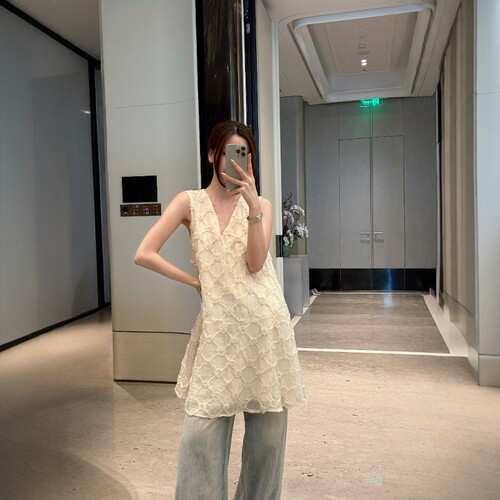 摩登197天丝提花V领无袖背心裙女