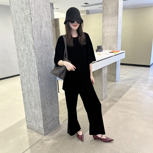 秋季丝绒上衣九分阔腿裤女两件套