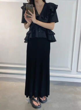 摩登197黑色醋酸半身裙女夏季新款显瘦高腰中长款a字鱼尾裙F2958