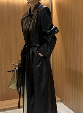 摩登197长款过膝皮衣女秋季新款高级感宽松系带PU皮风衣外套73191
