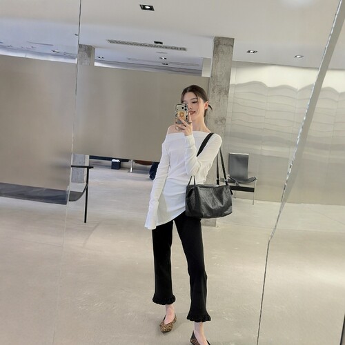 摩登197高腰木耳边九分微喇裤女