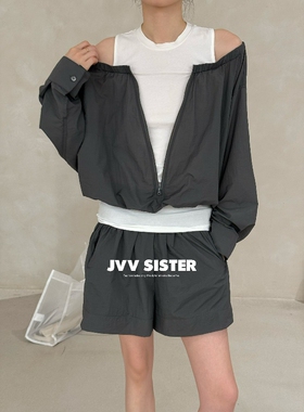 JVV SISTER时尚防晒套装女2026夏季薄款假两件露肩上衣短裤两件套
