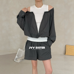 JVV SISTER时尚防晒套装女2026夏季薄款假两件露肩上衣短裤两件套