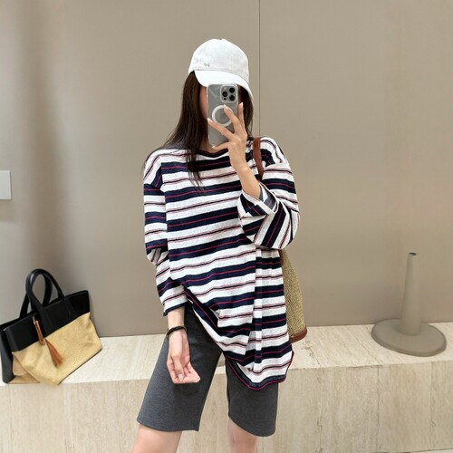 摩登197复古条纹圆领长袖T恤女夏